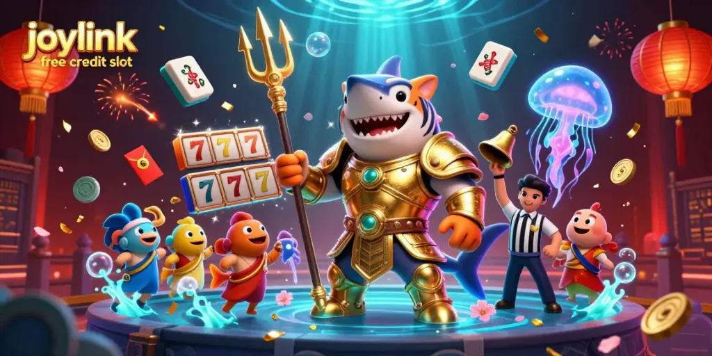 Experience thrilling gameplay with joylink free credit slot in an underwater colosseum featuring a tiger shark champion.