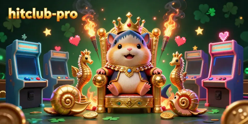 Engage in gaming action with hitclub-pro at lively casino arcade, featuring hamster king and vibrant elements.