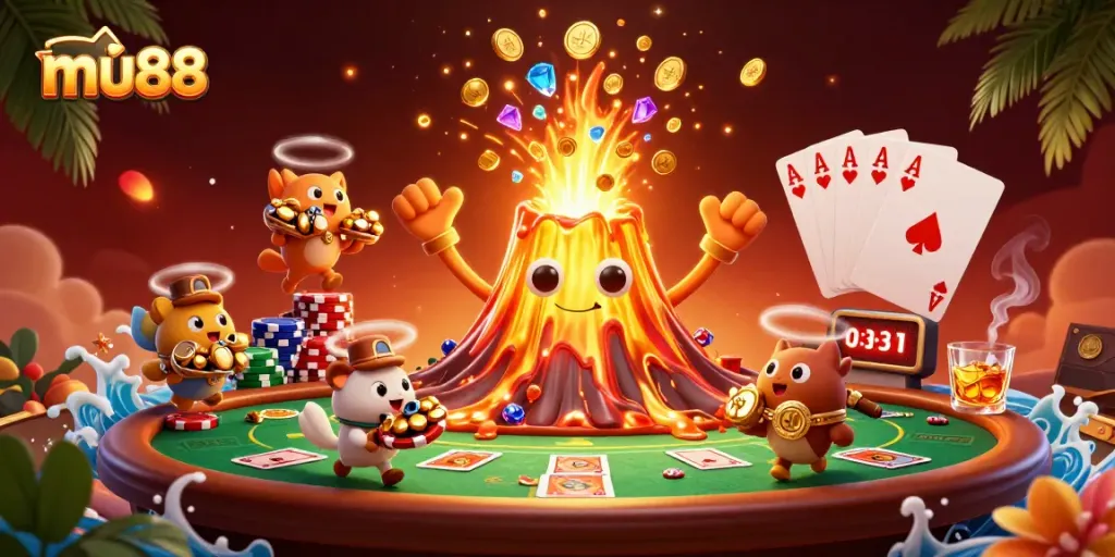 Experience the thrill of winning at mu88 with vibrant casino elements and a triumphant volcano.