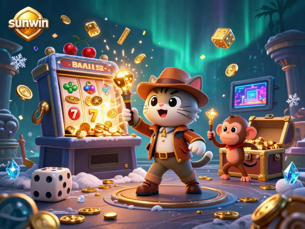Experience the thrill of sunwin games as our explorer cat uncovers treasures in a dynamic casino scene.