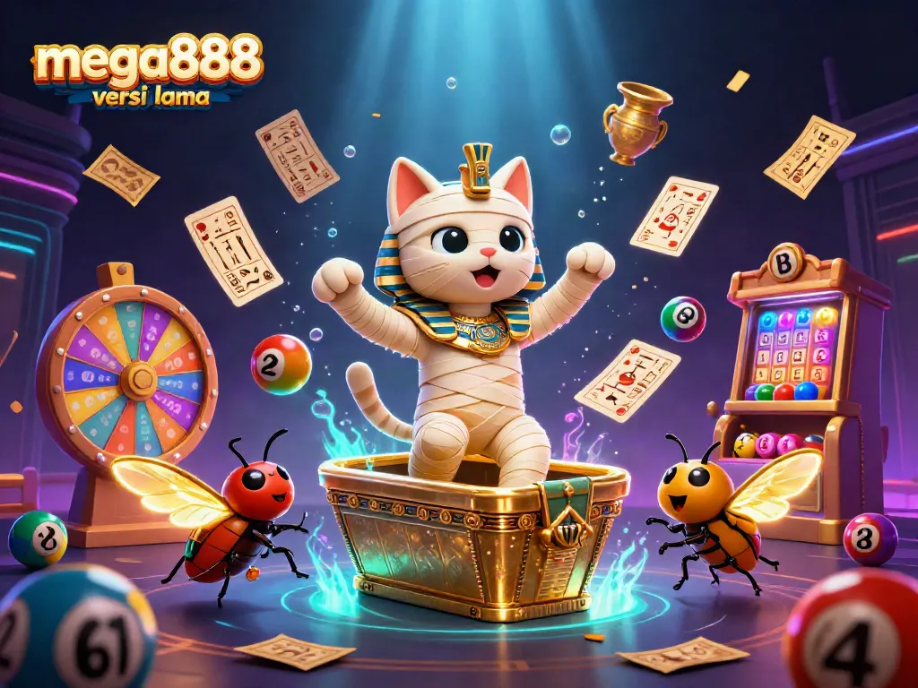 Experience the thrill of mega888 versi lama with a vibrant scene showcasing a cartoon mummy cat and casino elements.