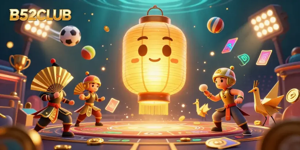 Engage with B52CLUB's vibrant casino universe featuring a glowing lantern spirit and dynamic sports elements.