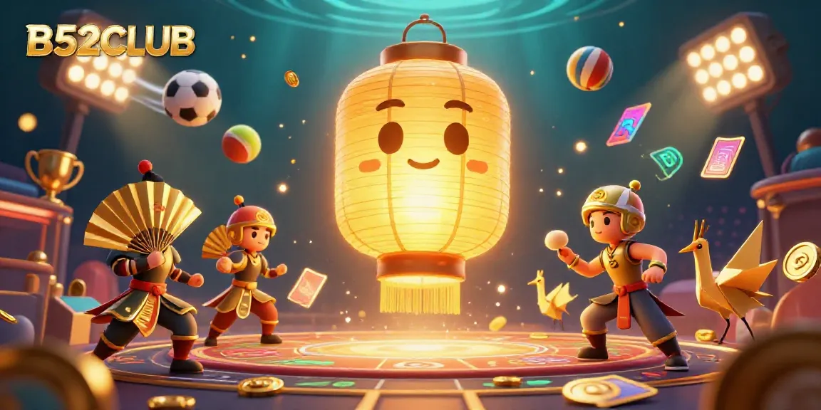 Engage with B52CLUB's vibrant casino universe featuring a glowing lantern spirit and dynamic sports elements.