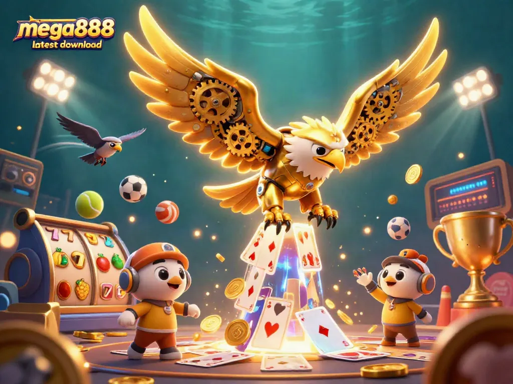 Experience the excitement of mega888 latest download with a dynamic, action-packed casino illustration featuring slots and sports elements.