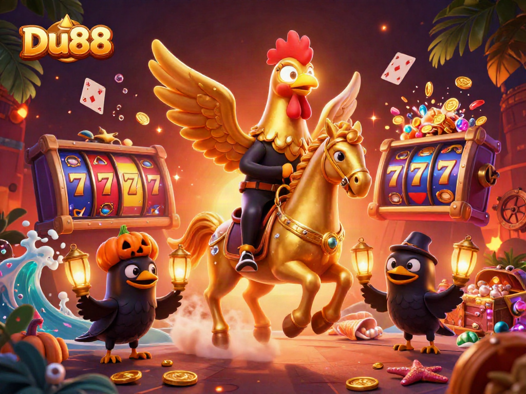 Experience thrilling wins at Du88 with a golden rooster and spinning slot reels in a vibrant casino.