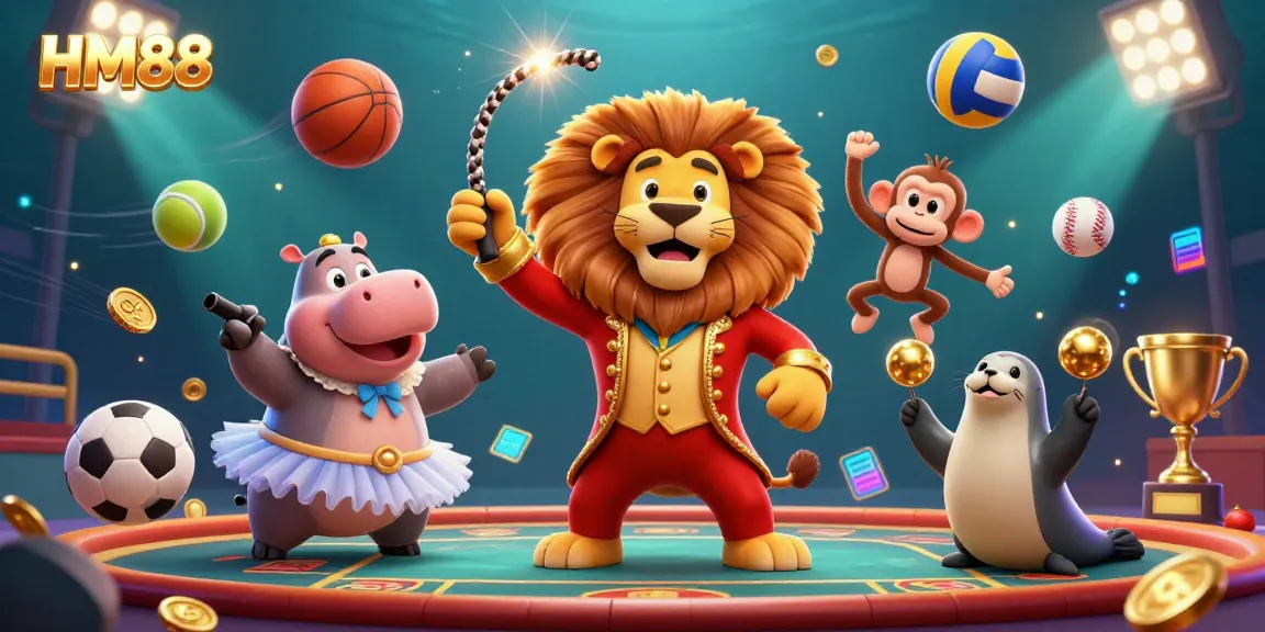 Catch the excitement with HM88's animated casino scene featuring dynamic characters and sports elements!