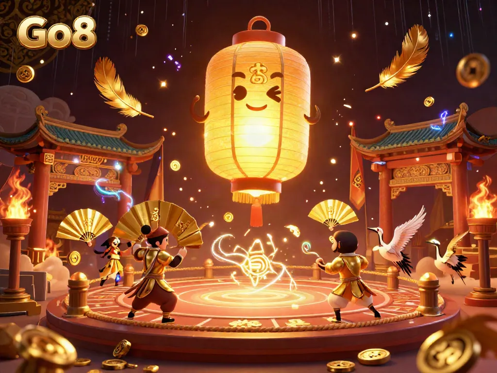Experience the enchanting Go8 casino atmosphere with golden lantern spirits and vibrant gaming elements.