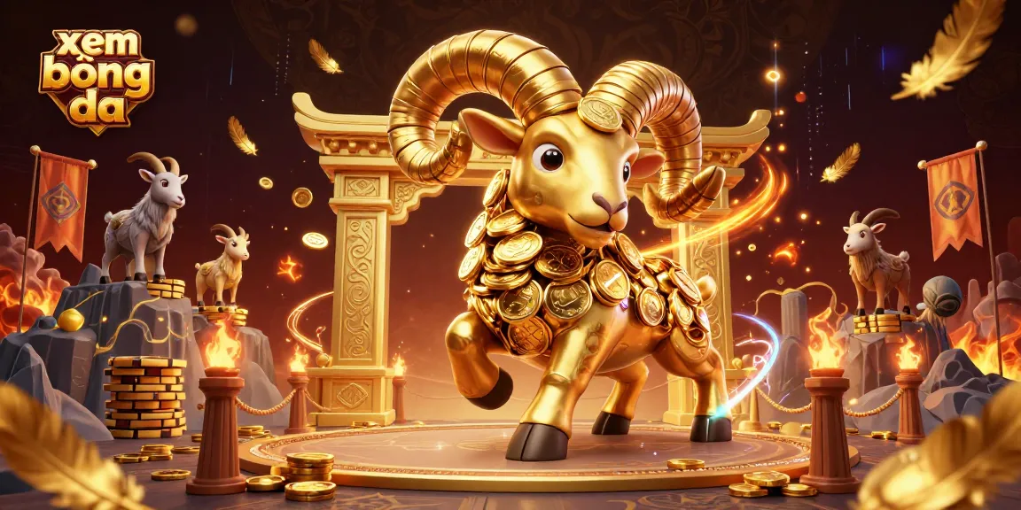 Experience xem bóng đá with a dynamic 3D scene featuring a golden ram charging through a vibrant gambling arena.
