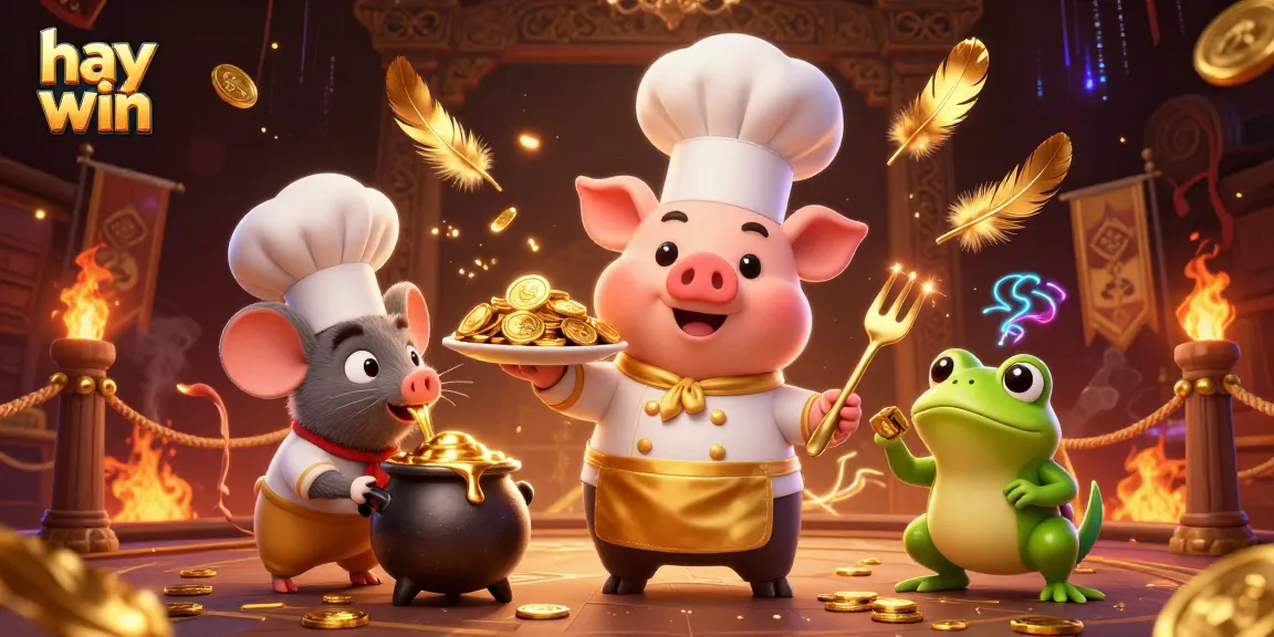Join the fun at hay win as a chef pig serves gold coins amidst a gaming extravaganza.