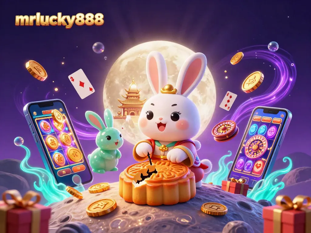 Engage with mrlucky888's vibrant slots and games in a dynamic casino-themed illustration.