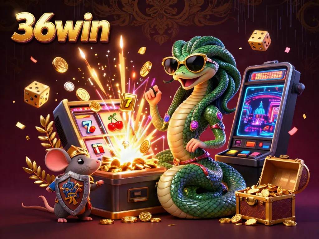 Experience the excitement of 36win with a captivating 3D illustration depicting a friendly Medusa and a warrior mouse amidst a jackpot explosion, embodying casino thrills.