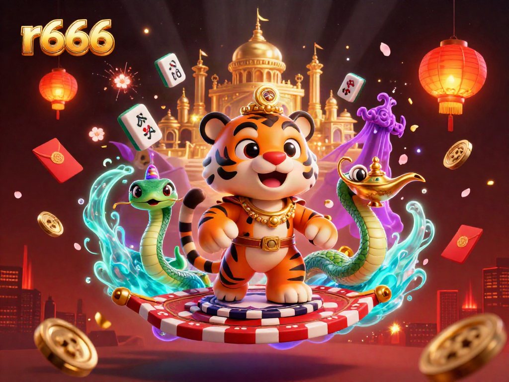 Engage in thrilling casino adventures with r666, featuring a tiger sultan and genie in a vibrant 3D digital world.