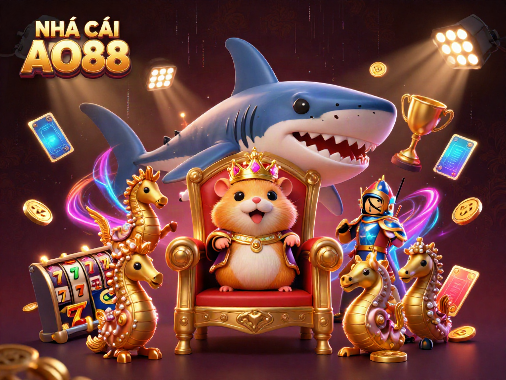 Immerse in the vibrant world of NHÀ CÁI AO88, where a golden hamster king rules a casino kingdom adorned with slot game elements.
