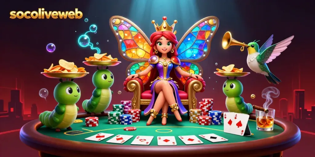 Experience the excitement of socoliveweb with a magical butterfly queen and poker action in a vibrant scene.