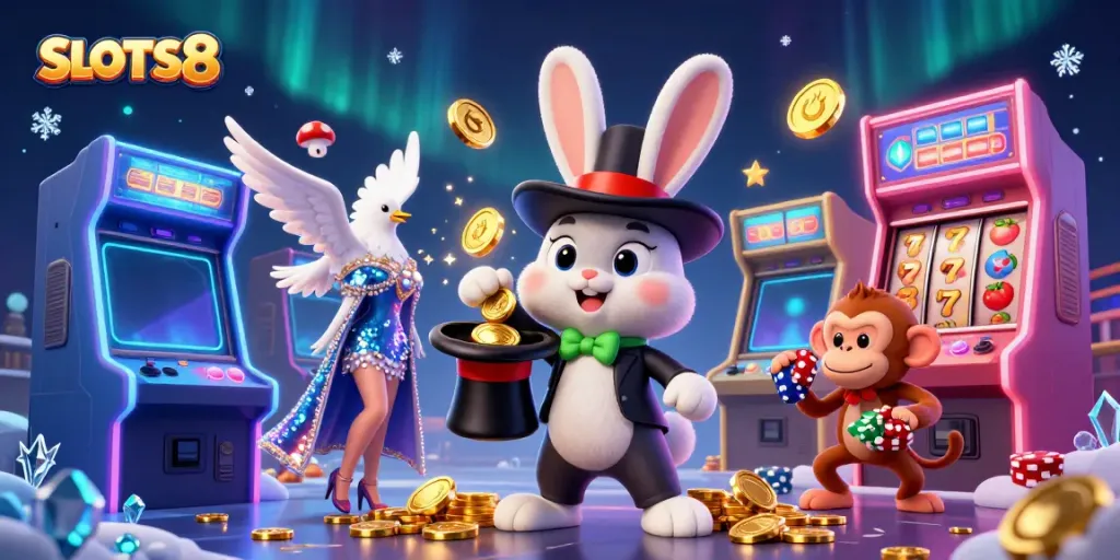 Experience thrilling SLOTS8 magic with a whimsical rabbit, dove, and monkey in a vibrant casino scene.