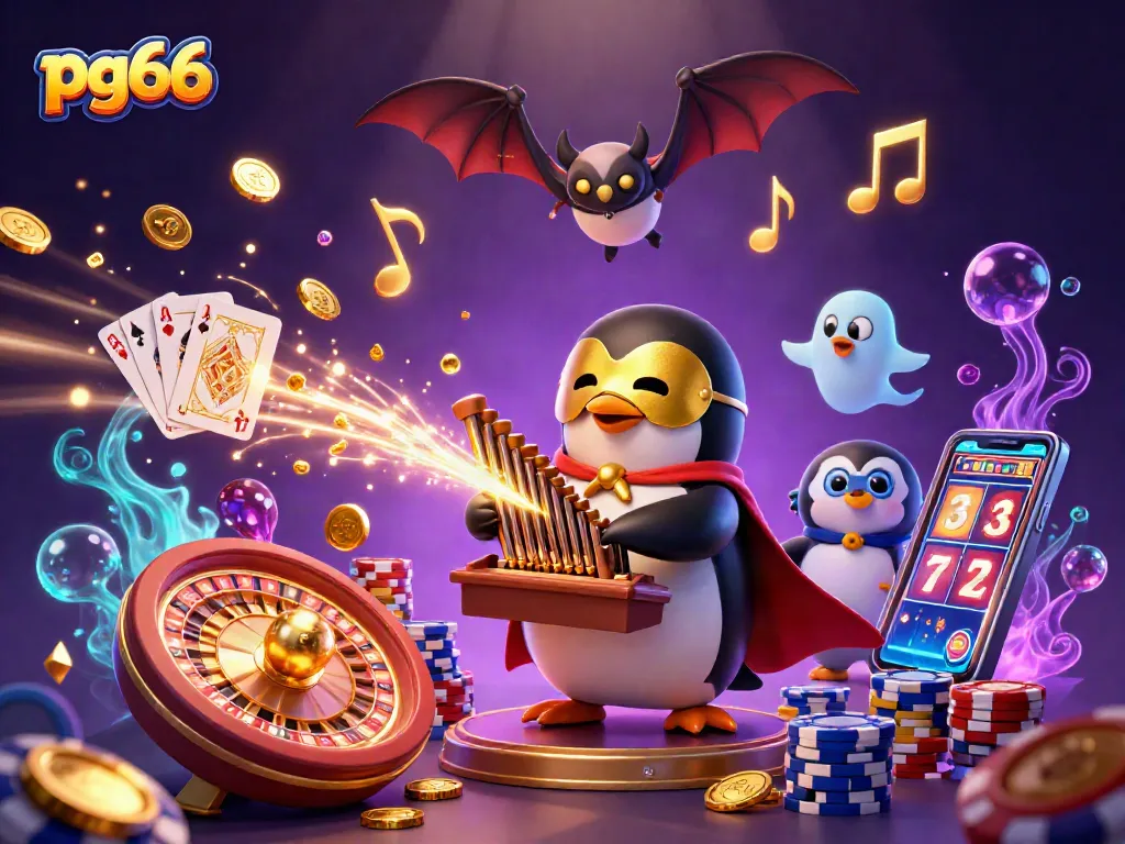 Win big with pg66 at this lively casino scene featuring a penguin playing an organ showering coins.