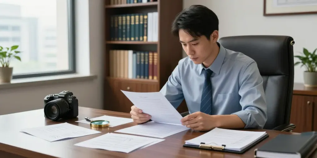 Detective examining case files in a professional office setting with evidence and urban view, representing 굿탐정.
