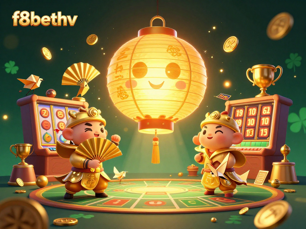 Win big with f8bethv in a vibrant casino scene showcasing thrilling slot games and lucky symbols.