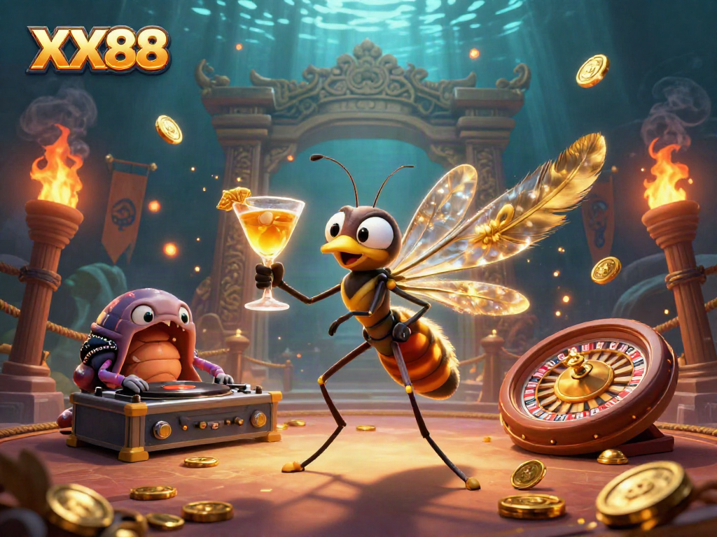 Spin to win with XX88 in this vibrant, energetic casino illustration.