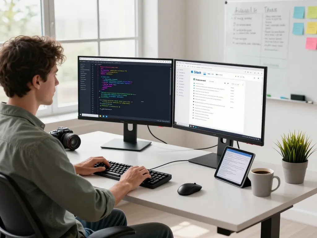 Developer using clawdbot ai on dual monitors in a modern workspace with vibrant code and collaborative tools.