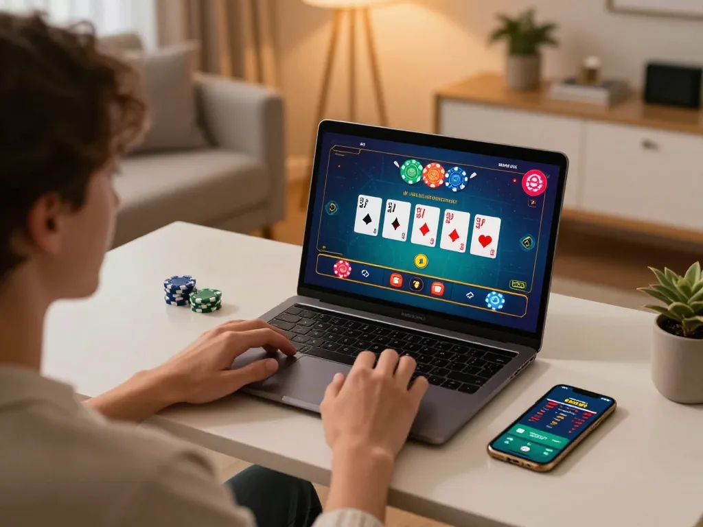 Engaged player experiencing rokok88 live casino games on their laptop at home.