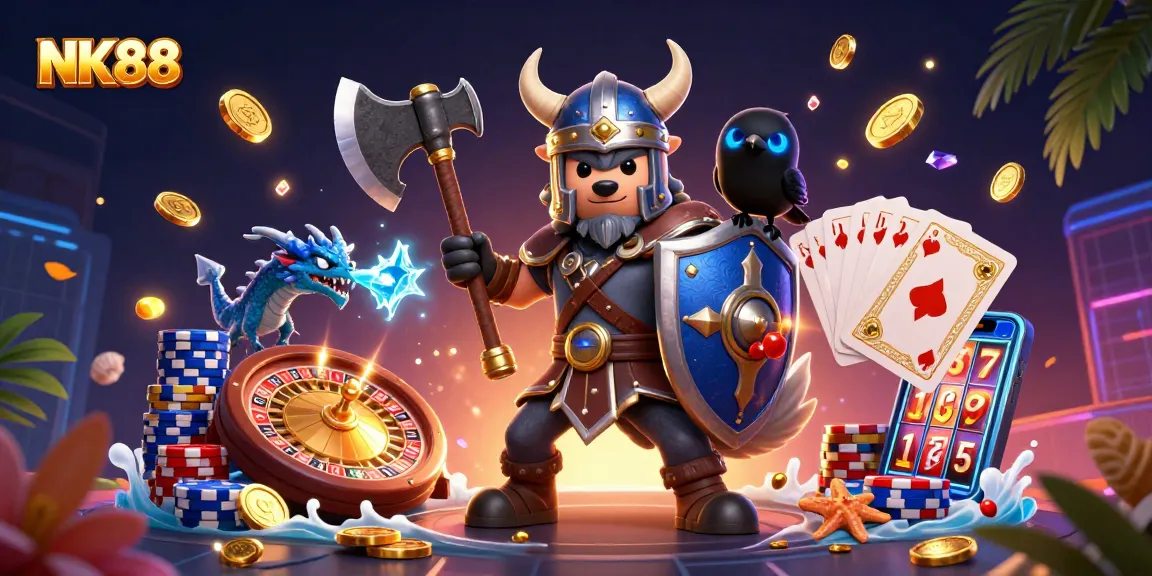 Engage with NK88's vibrant casino world, where a Viking warrior and dragon showcase thrilling slot and gambling excitement.