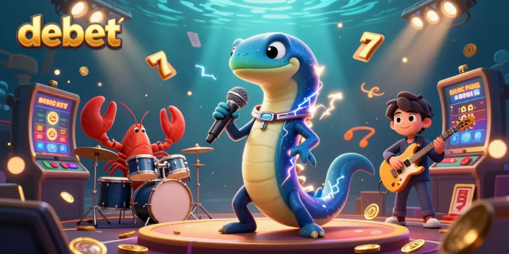 Experience the vibrant underwater casino with debet's electric eel DJ and lively backup band.