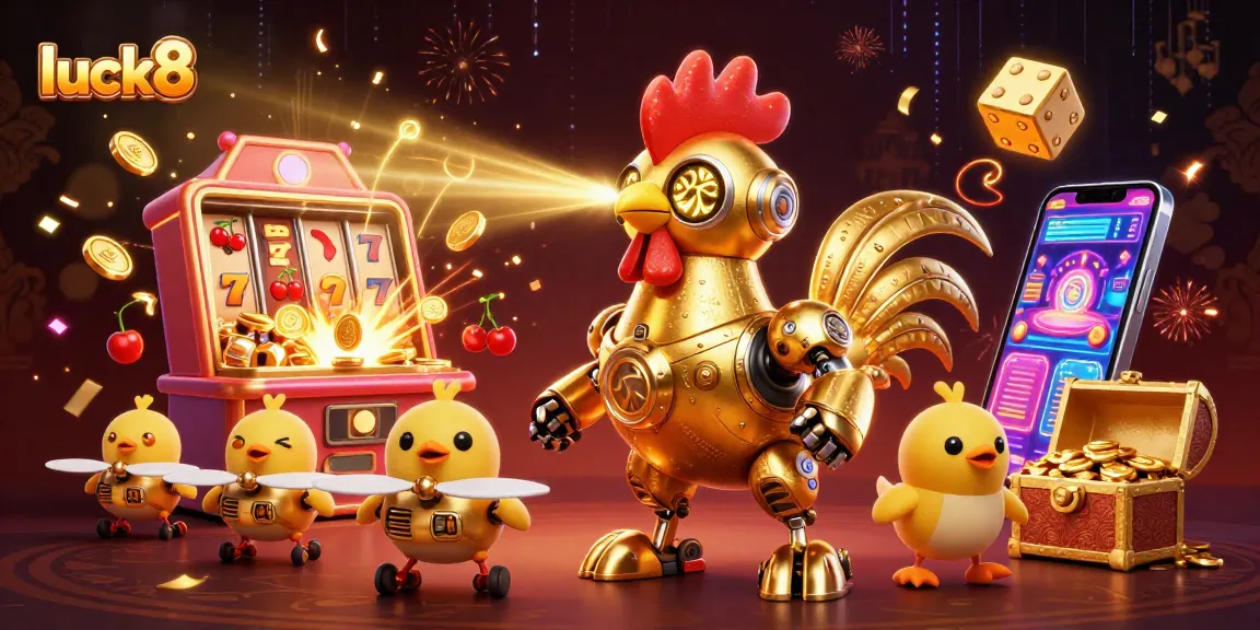luck8's vibrant casino scene featuring a golden rooster robot and baby chick drones amidst a lively jackpot explosion