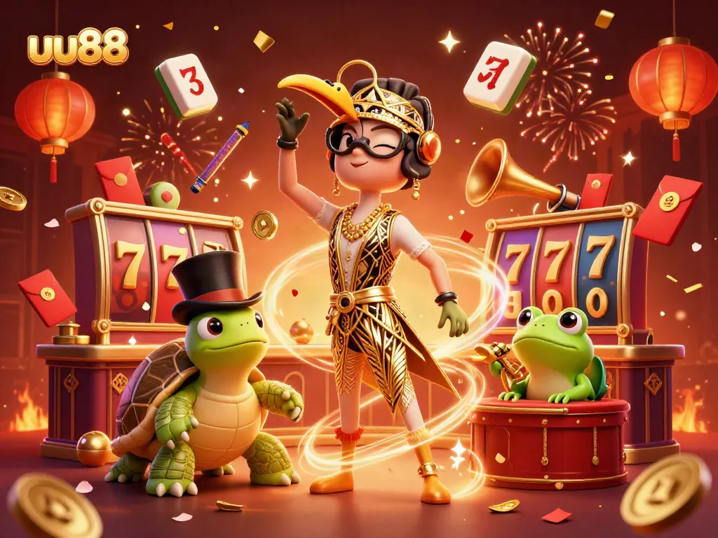 Experience the thrilling excitement of the uu88 gaming world with vibrant illustrations of slots and festive elements.