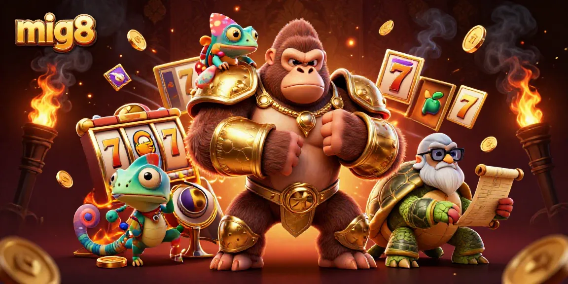 Mig8 captivates with its powerful 3D gorilla king surrounded by slot reels, fruit symbols, and jackpot counters.