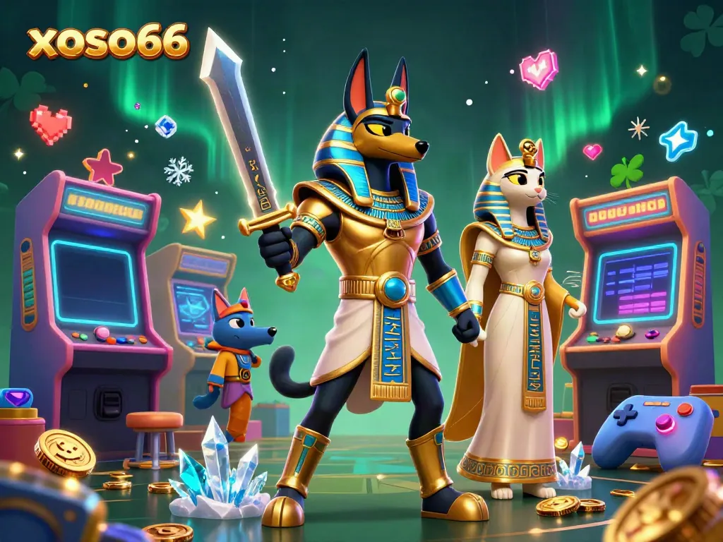 Xoso66 features 3D cartoon characters Anubis and Bastet surrounded by vibrant game elements, capturing a lively casino atmosphere.