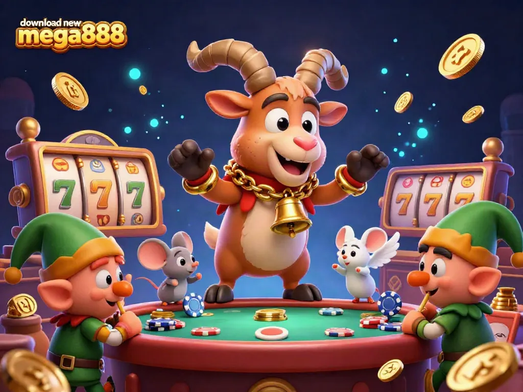 Engage with the thrill of download new mega888, showcasing a vibrant casino scene with a Krampus character and lively gambling action.