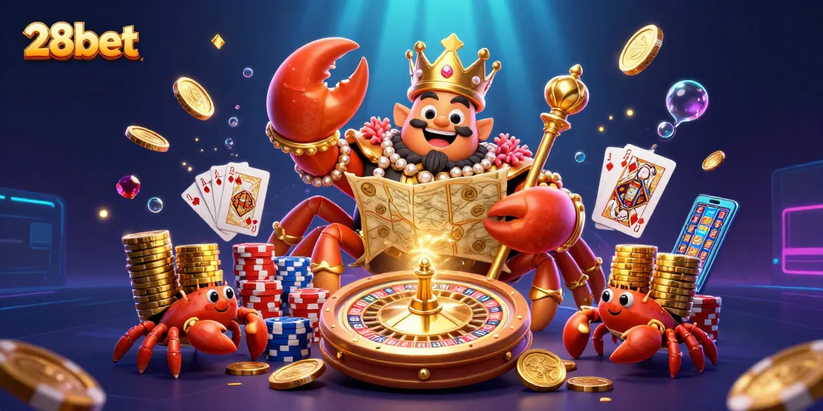 Experience the thrill of 28bet with a golden crab emperor surrounded by casino treasures.