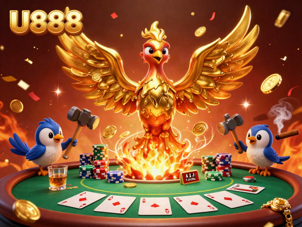 Experience the thrill of U888 with a dynamic casino scene featuring a golden phoenix, poker elements, and celebratory effects.
