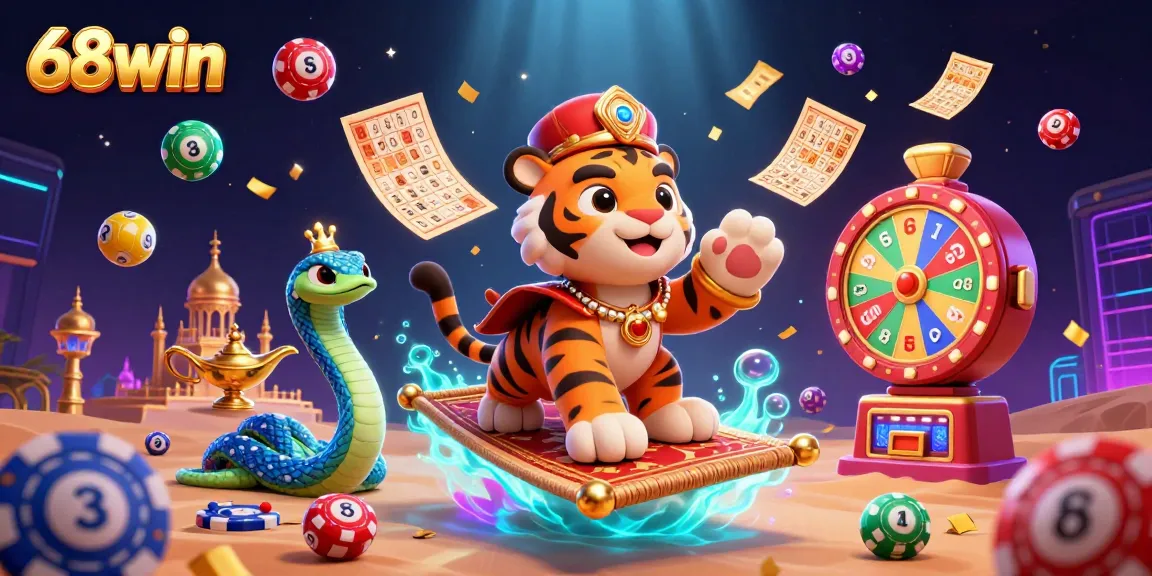 Engage in thrilling gameplay at 68win with dynamic casino illustrations featuring vibrant lottery elements and a magical theme.