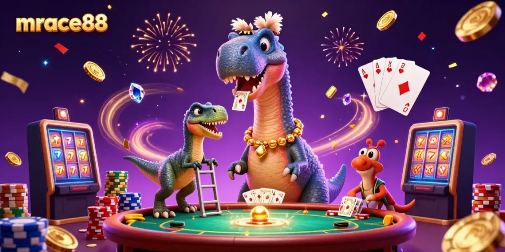 Experience the vibrant casino scene with mrace88, featuring dynamic characters and captivating game elements.