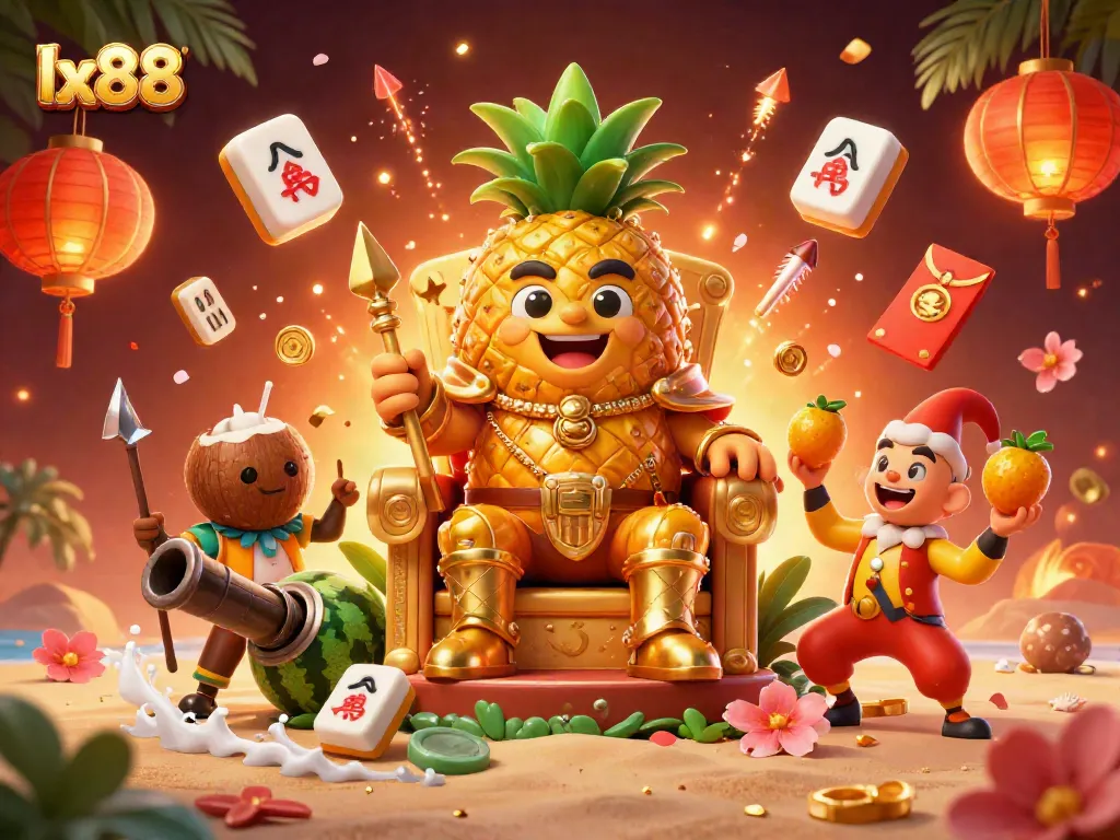 Engaging lx88 casino scene with a golden pineapple king and vibrant game elements on a beach