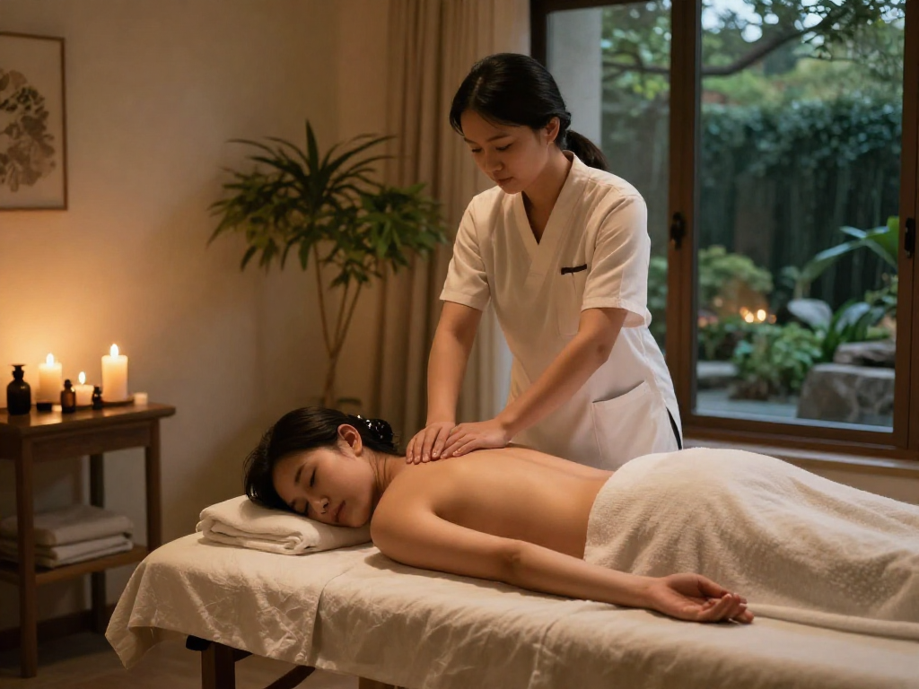 Relaxing 출장마사지 session in a serene home spa setting with ambient lighting.