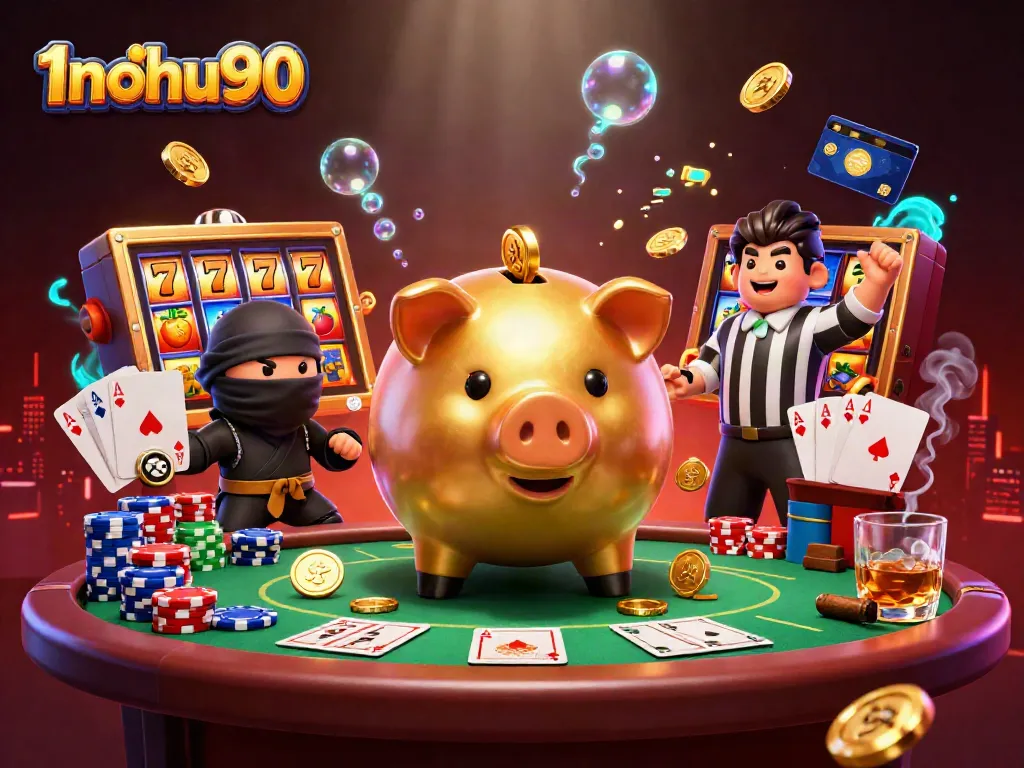 Experience thrilling gameplay with 1nohu90 in this vibrant casino-themed illustration.