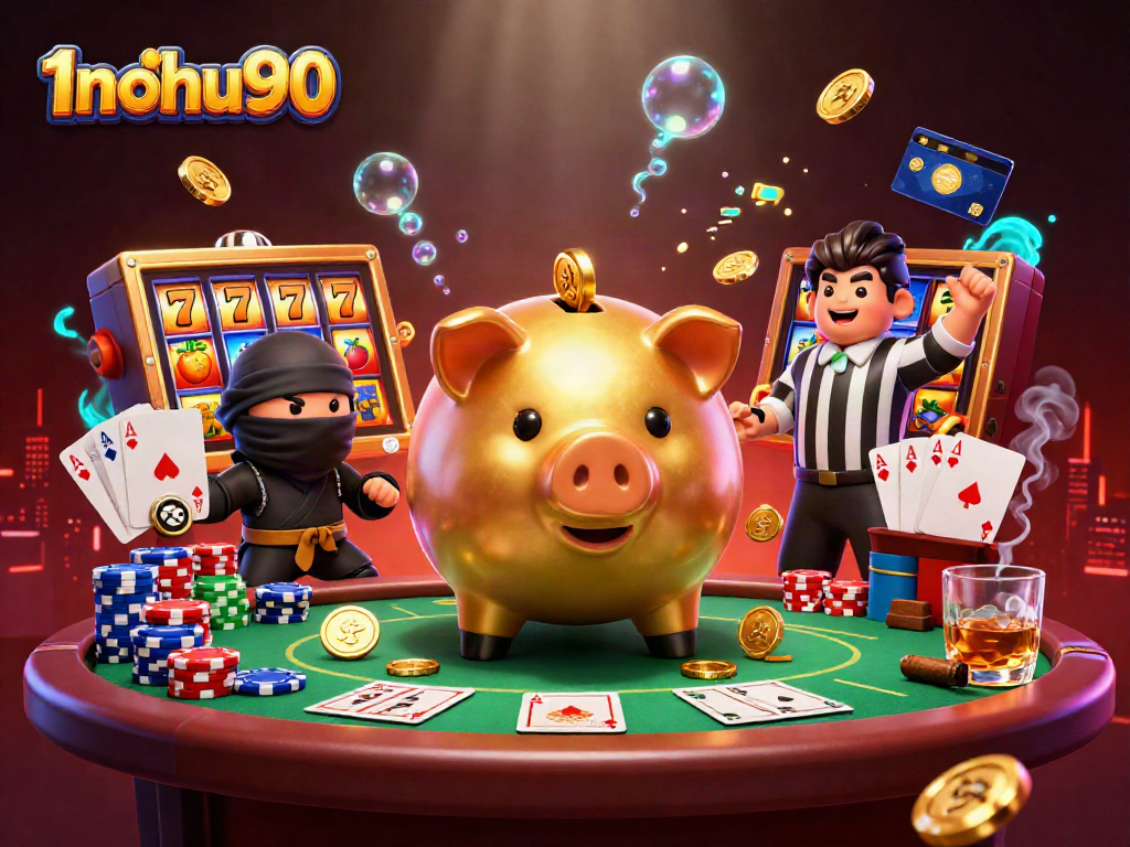 Experience thrilling gameplay with 1nohu90 in this vibrant casino-themed illustration.