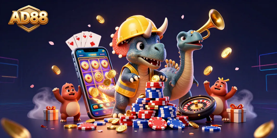 AD88 illustration of a triceratops and parasaurolophus celebrating amidst vibrant casino elements