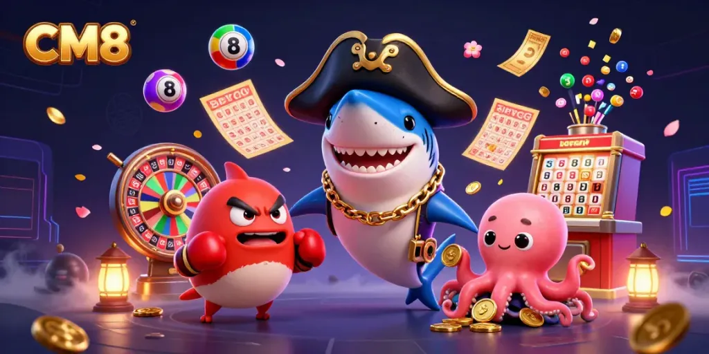 Engage with CM8's thrilling atmosphere featuring a pirate shark, pufferfish, and octopus surrounded by dynamic game elements.