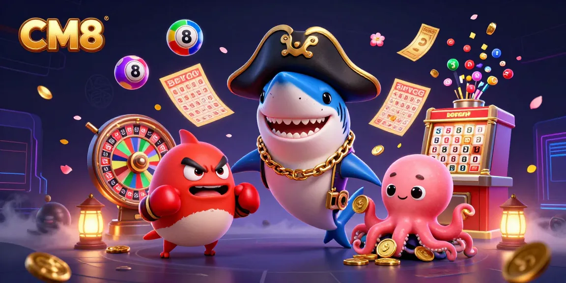 Engage with CM8's thrilling atmosphere featuring a pirate shark, pufferfish, and octopus surrounded by dynamic game elements.