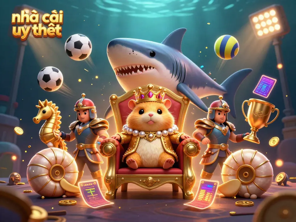 Engage with nhà cái uy tín through a vibrant and dynamic casino-themed illustration showcasing a hamster king and friends.
