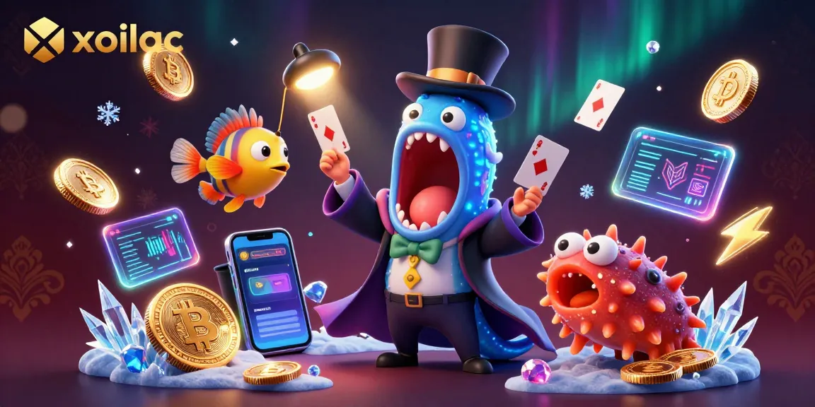 Play exciting casino games with xoilac's vibrant deep-sea characters and neon crypto elements.