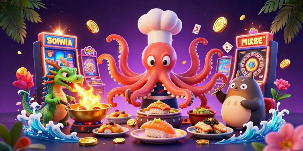 Experience thrilling gaming with manclubs as a vibrant octopus chef prepares golden dishes in a lively casino.