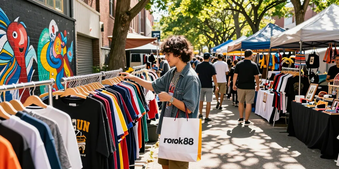 Vibrant city market scene showcasing rokok88 fashion trends with an enthusiastic shopper exploring colorful streetwear.