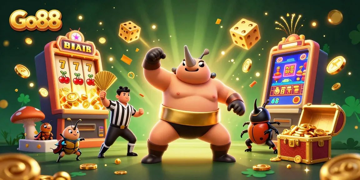 Experience thrilling wins at Go88 with a cartoon sumo champion amidst flying coins and a vibrant casino atmosphere.