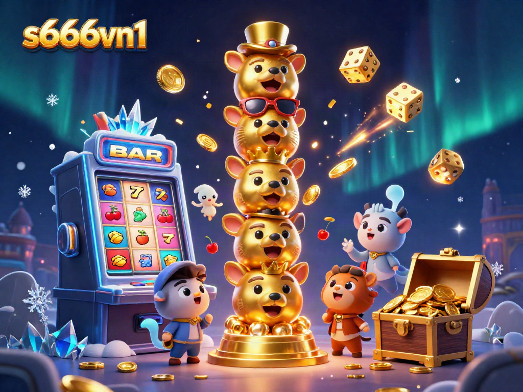 Play exciting games at s666vn1, featuring a vibrant totem pole, slot machines, and casino elements.