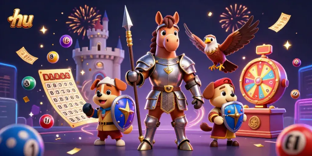 Engage with vibrant hu-themed casino fun featuring lottery balls and cartoon characters.